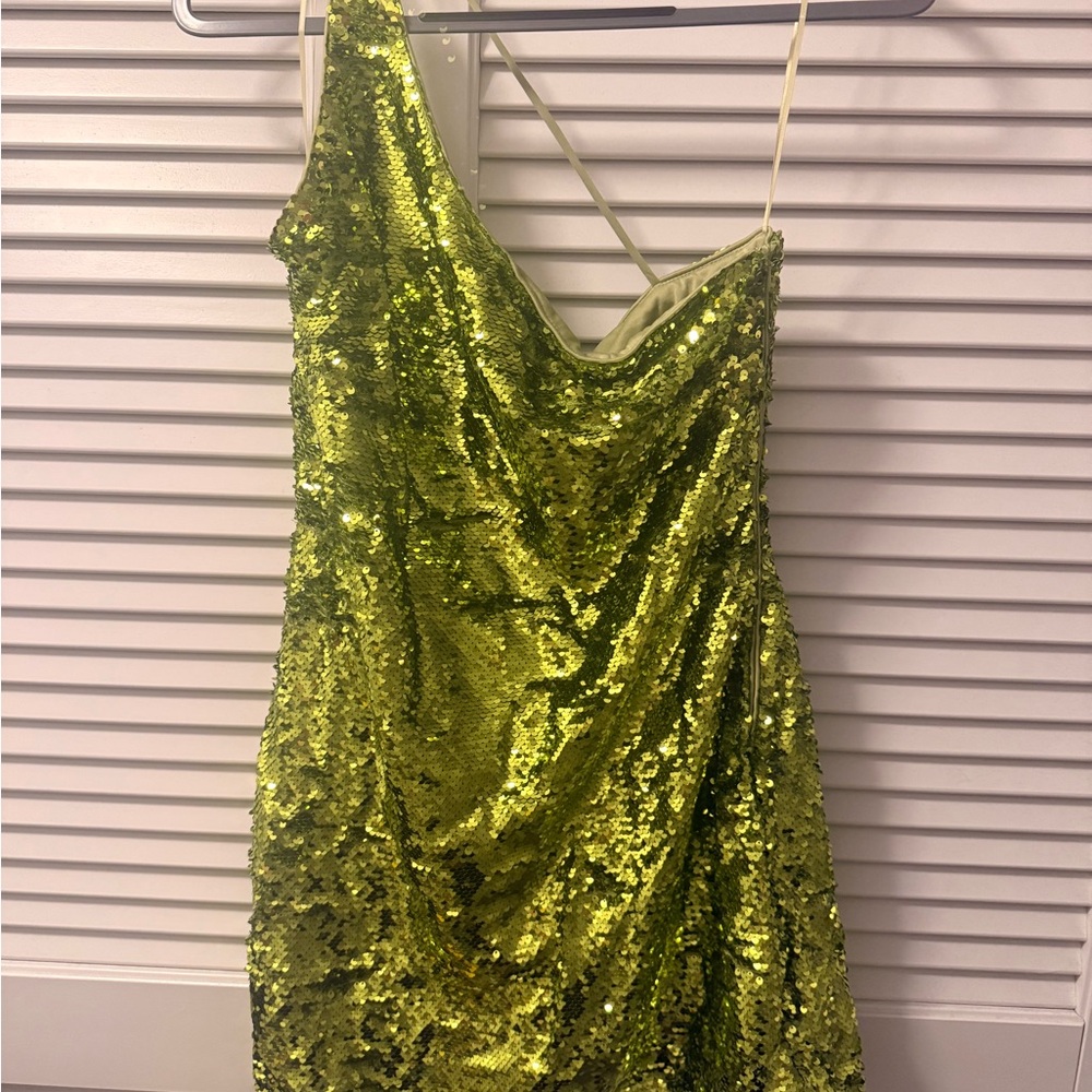 Mango Neon Lime Sequin One-Shoulder Dress